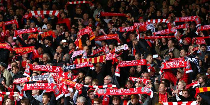 Liverpool and Borussia Dortmund fans sing together in Liverpool City Centre