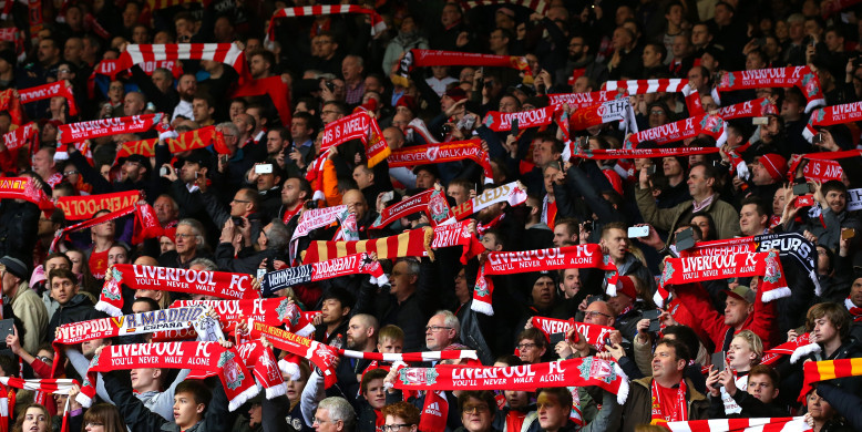 Liverpool and Borussia Dortmund fans sing together in Liverpool City Centre