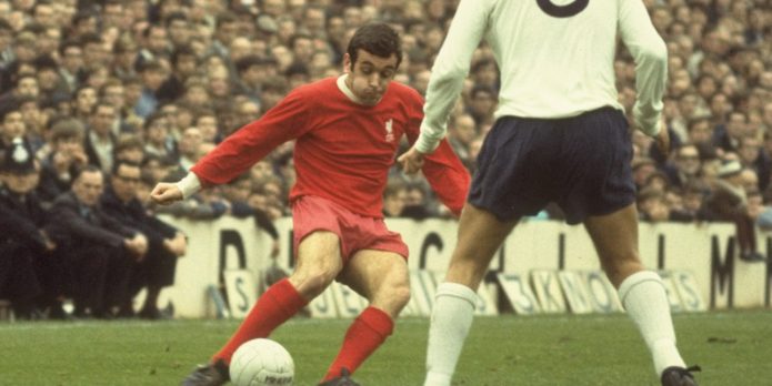 Ian Callaghan playing for Liverpool against Tottenham Hotspur