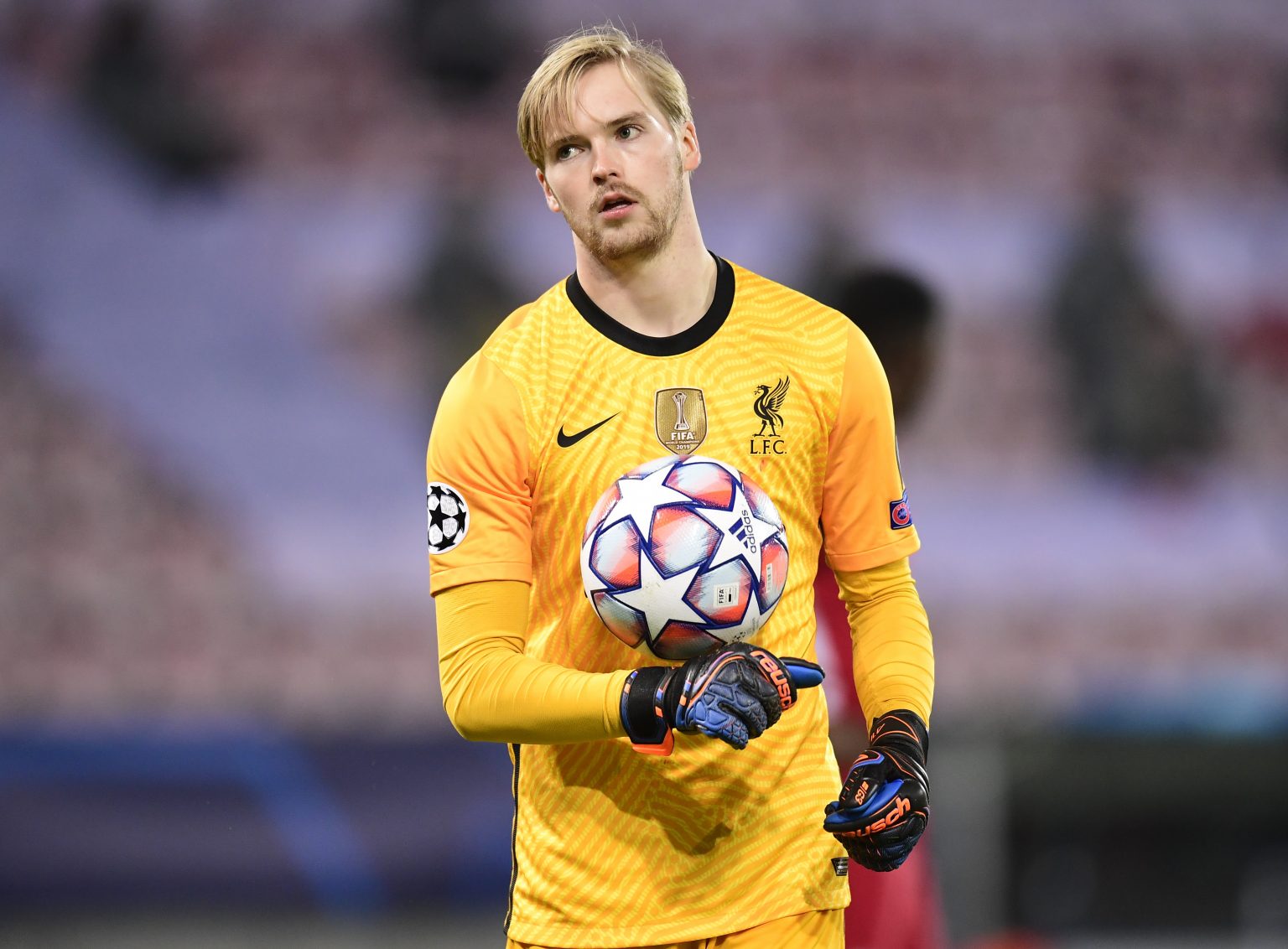 Caoimhin Kelleher playing for Liverpool in a Champions League match