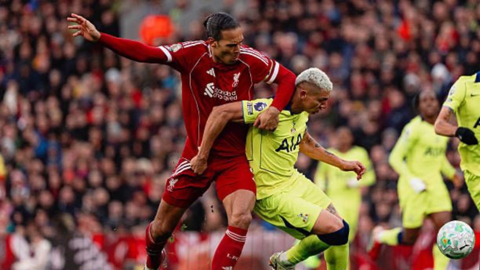Van Dijk and Richarlison battling in the Liverpool1-1 Spurs draw