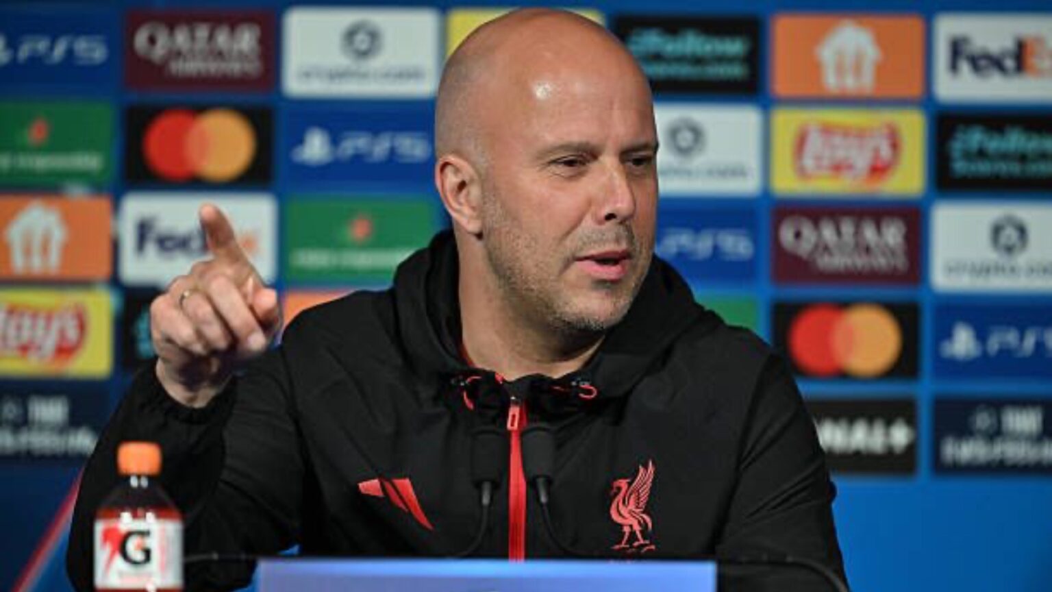 Arne Slot speaking at a Liverpool press conference
