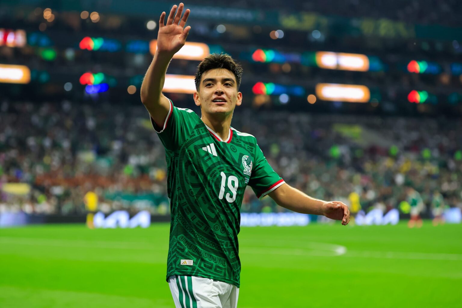 Gilberto Mora waves to Mexico supporters during the 2026 World Cup knockout win over Ecuador