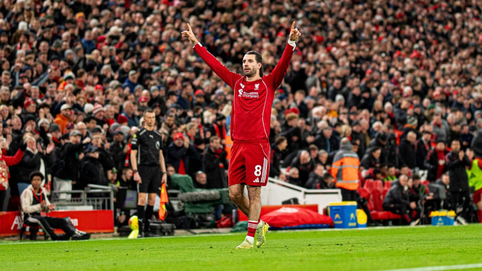 Szoboszlai fitness update: Dominik Szoboszlai in a Liverpool kit celebrating on the pitch at Anfield