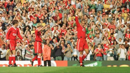 Man City expulsion: Stan Collymore celebrating in a Liverpool match photo from his playing career